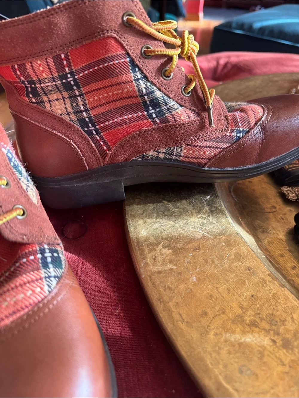 Alegria Brown Leather Ankle Boots with Orange Plaid Panels and Yellow Laces